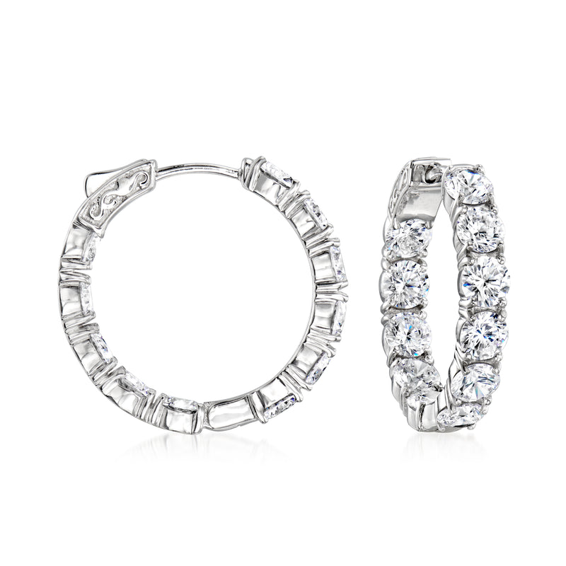 Sterling silver hoop earrings with baguette CZ stones, inside-out design