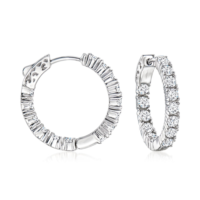 Sterling silver hoop earrings with inside-out CZ rows, round stones on hinged hoops