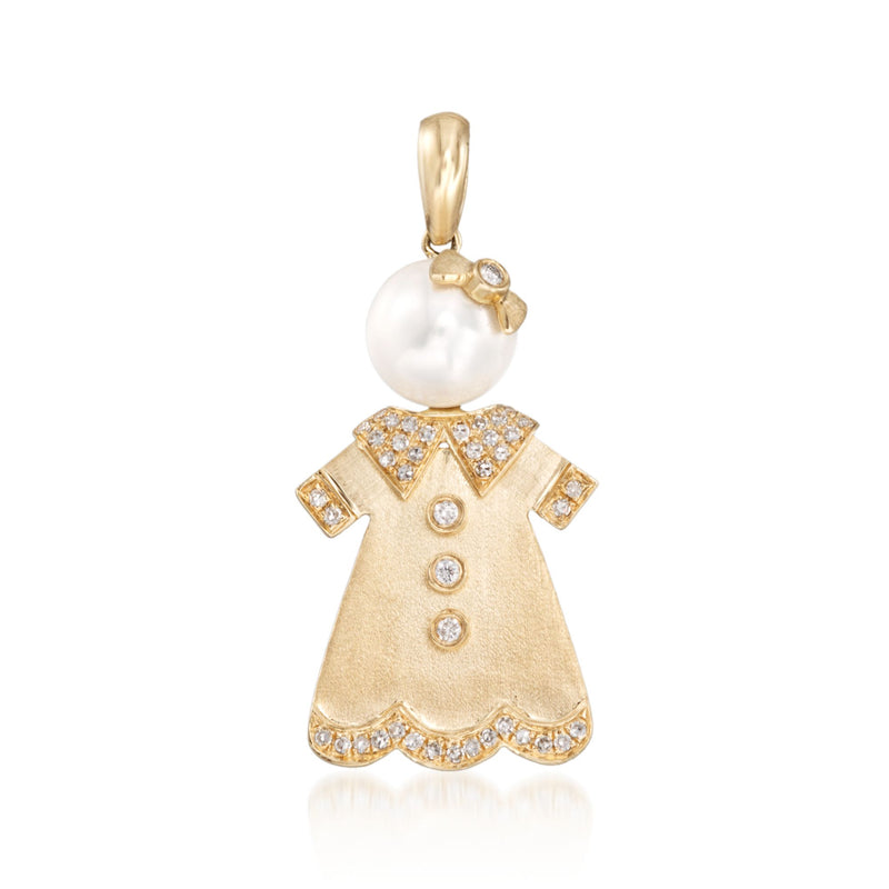 14kt yellow gold girl charm pendant with cultured pearl head and diamond accents