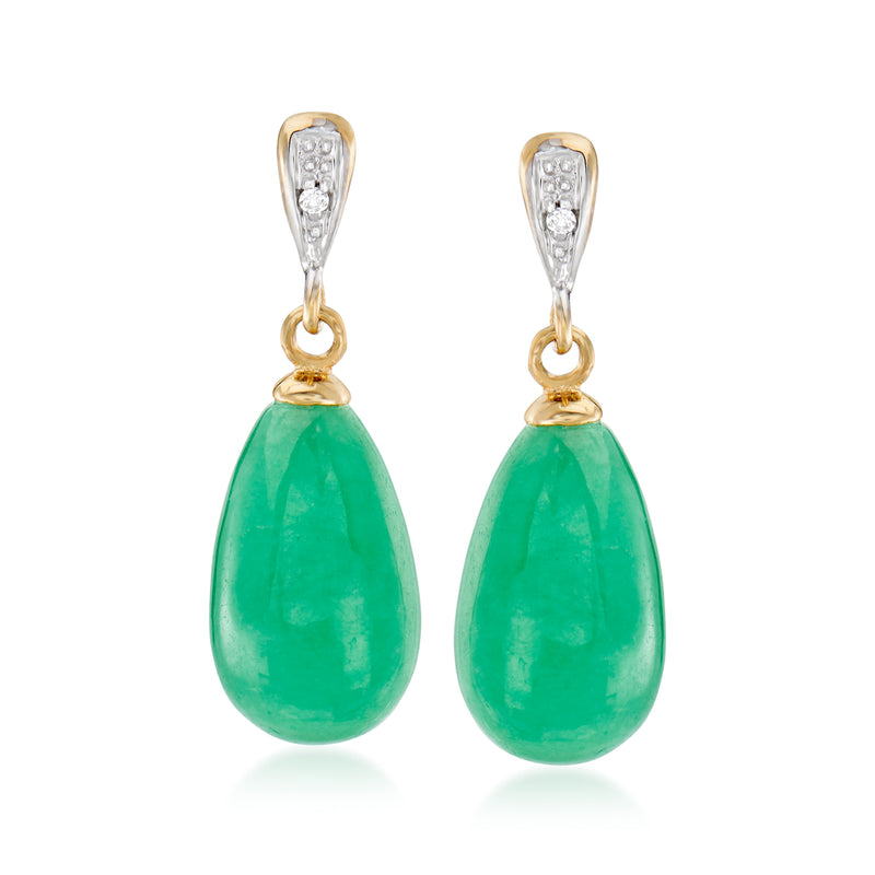 14kt yellow gold teardrop drop earrings with green jade and diamond accents
