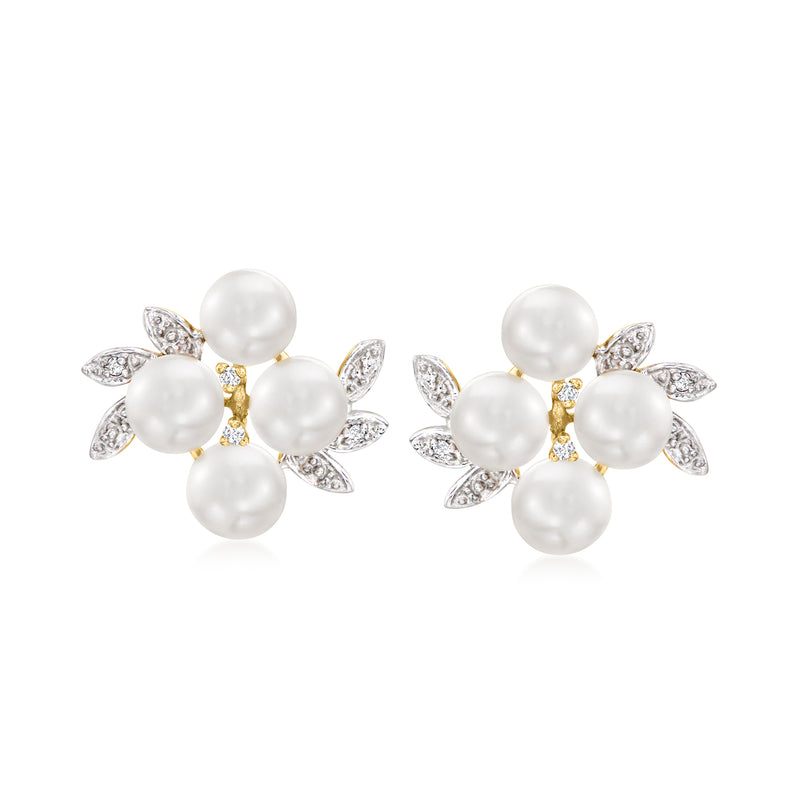 Cultured pearl cluster stud earrings in 14kt yellow gold with crystal-like accents
