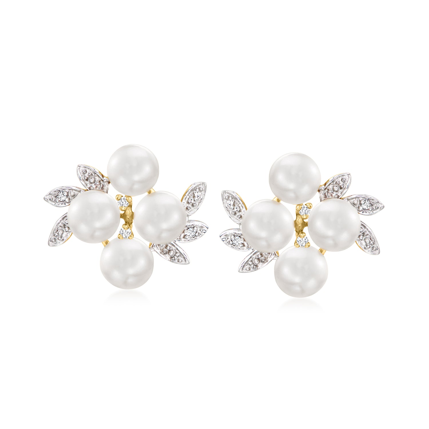 5.5-6mm Cultured Pearl Cluster Earrings with Diamonds in 14kt Yellow Gold