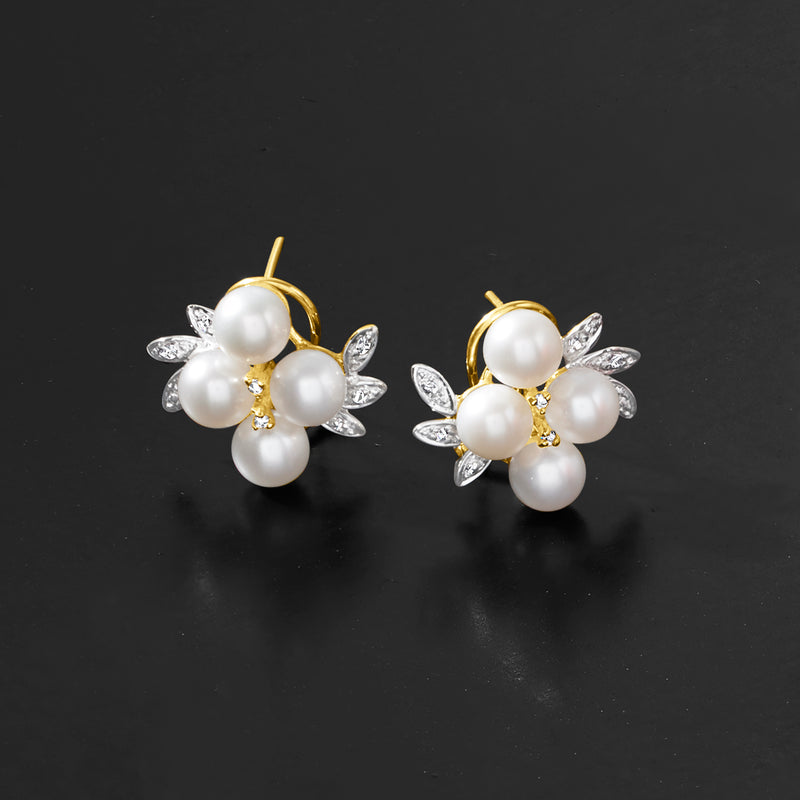 Cultured pearl cluster stud earrings in yellow gold with white pearls and crystal leaf shapes