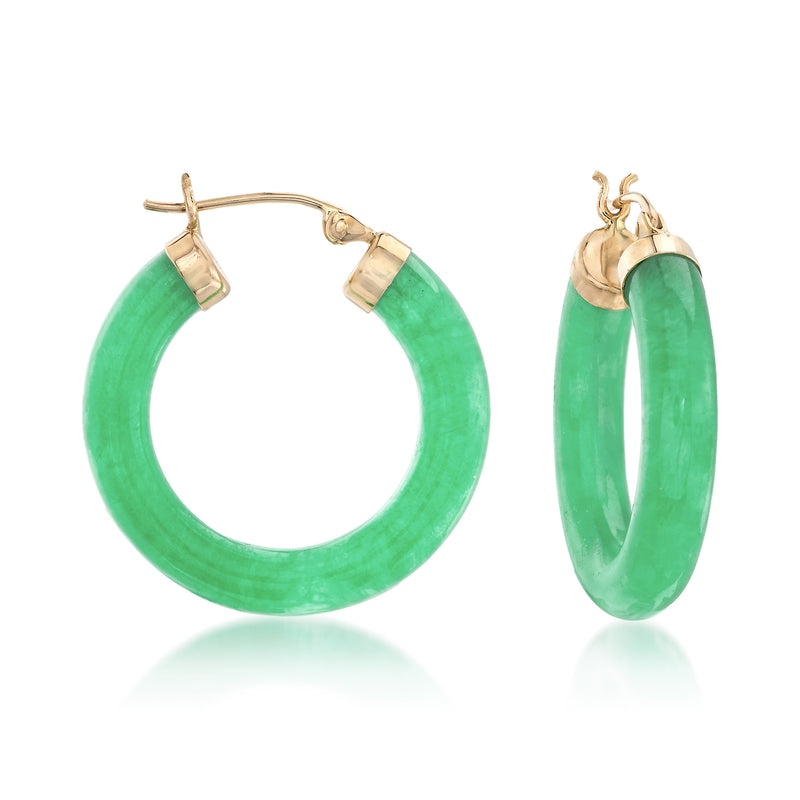 Jade hoop earrings in 14k yellow gold with green jade segments