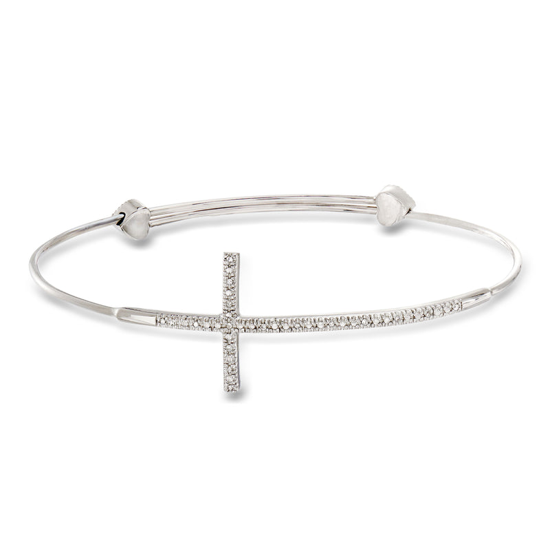 Sterling silver bangle bracelet with diamond sideways cross