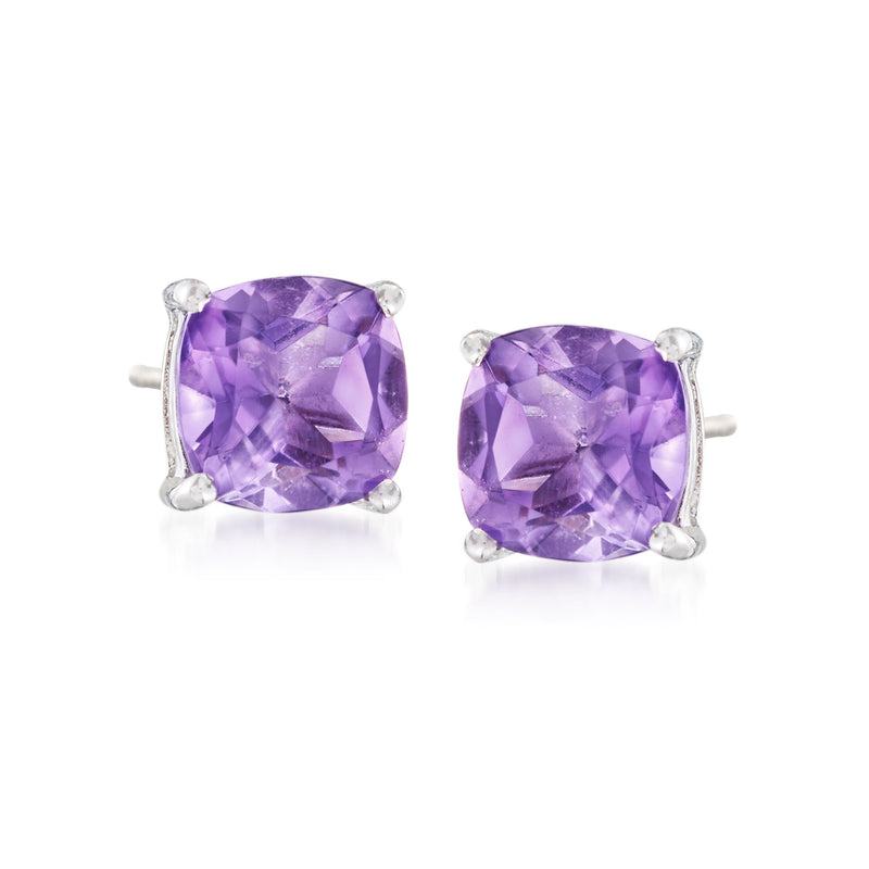 Cushion-cut amethyst stud earrings with post backs in sterling silver, 3.60 ct t.w.