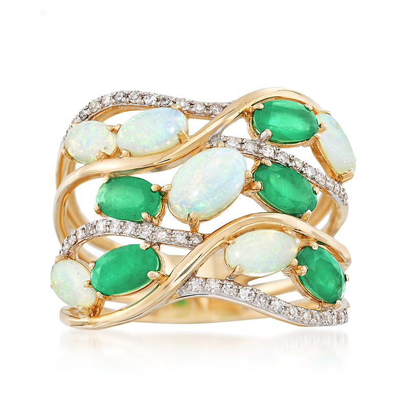 14kt yellow gold multi-row ring with opal, green gemstones, and diamond accents