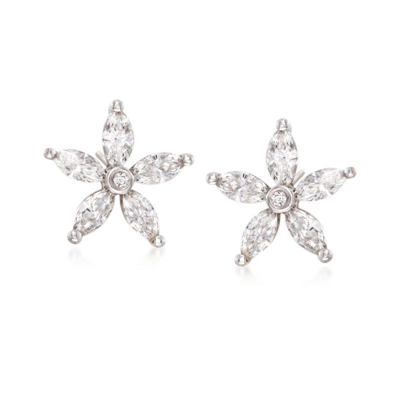 18kt white gold diamond flower stud earrings with post backs, four-petal design