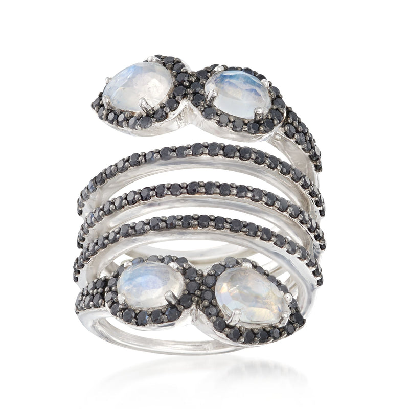 Sterling silver coil ring with oval moonstone-like stones and black spinel accents