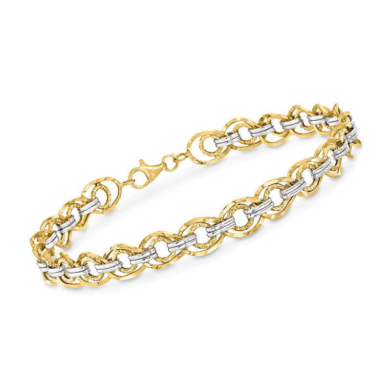 14kt two-tone gold link bracelet with textured and polished alternating chain links