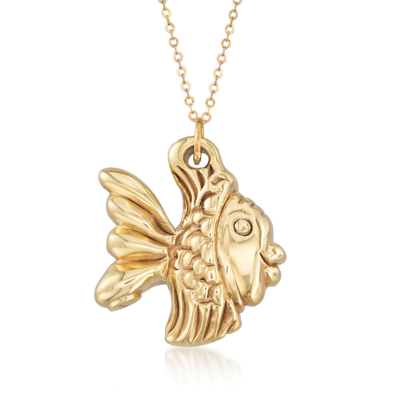 14kt yellow gold fish pendant necklace with scalloped fish charm on chain