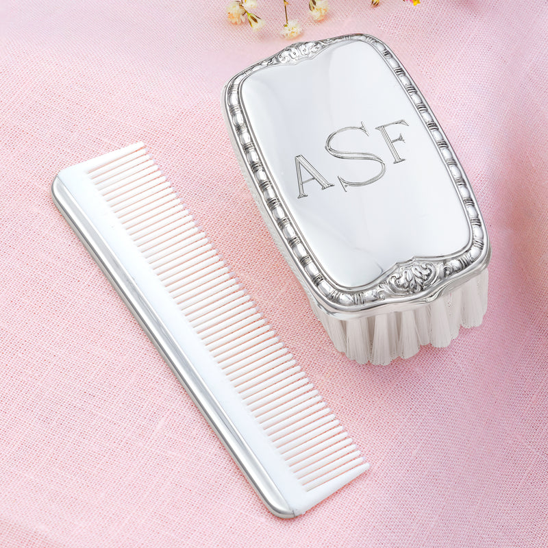 Empire Pewter personalized child brush and comb set with monogram AS, silver-toned.