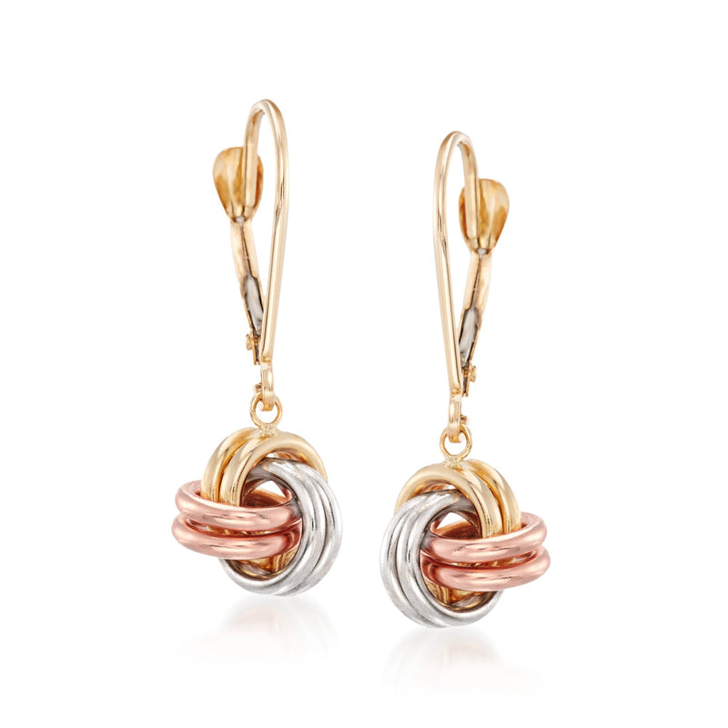 Tri-colored gold love knot drop earrings with leverback closures and dangling charms