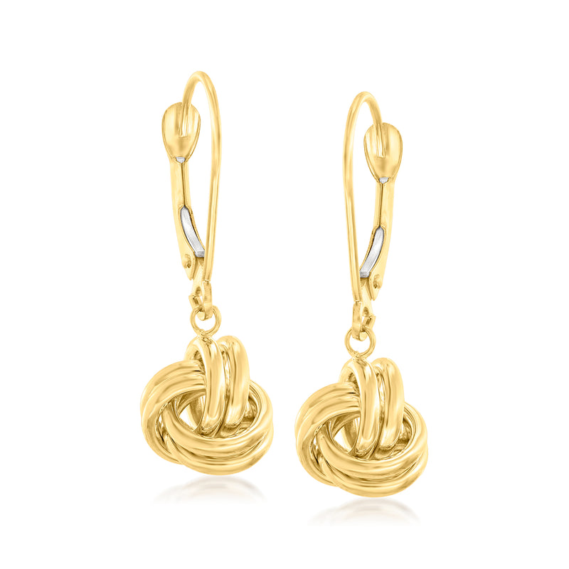 14kt yellow gold love knot drop leverback earrings, twisted knot dangle