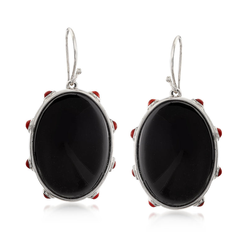 Sterling silver drop earrings with oval black agate, red bead accents, earwire
