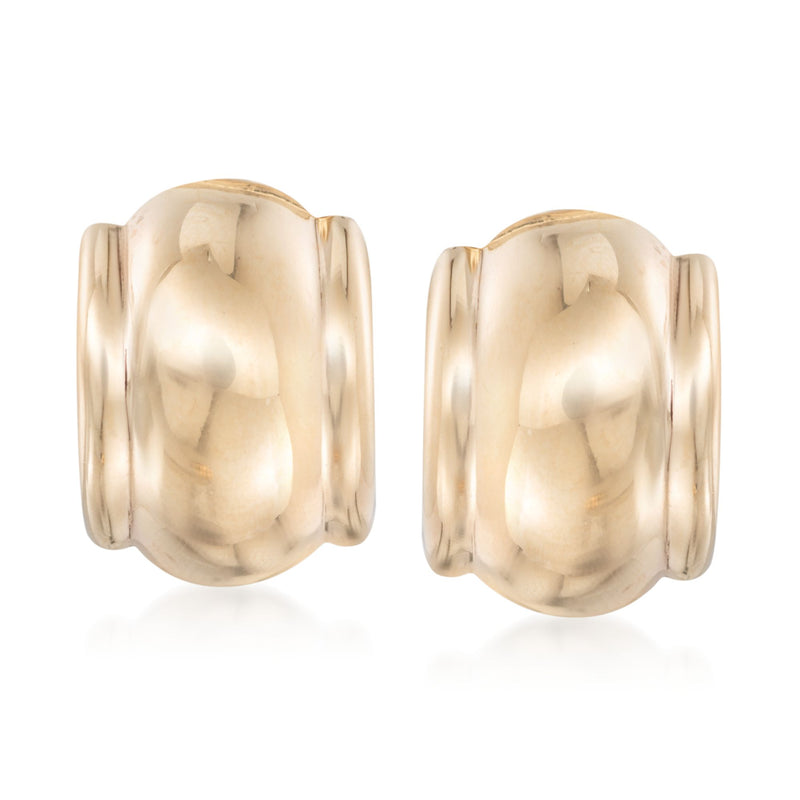 14kt yellow gold curved clip-on hoop earrings, polished, rounded hinge