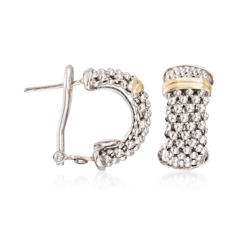 Popcorn texture hoop earrings, sterling silver with 18kt gold ring and post back