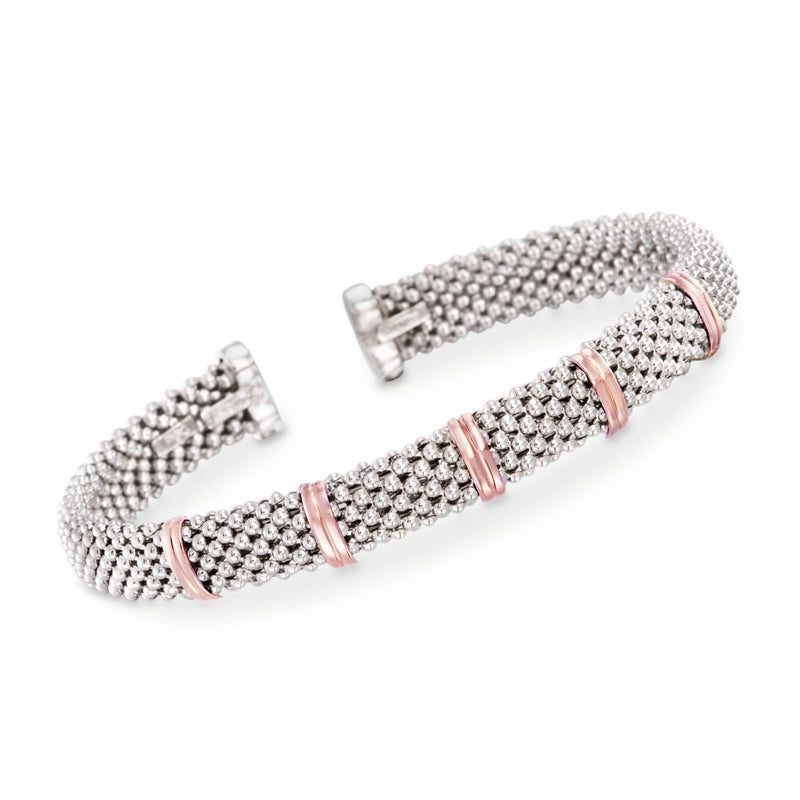 Popcorn-style sterling silver and 18kt rose gold cuff bracelet with beaded links