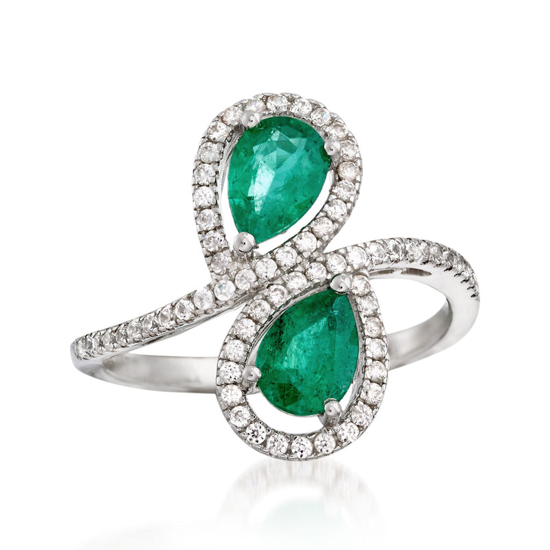 Sterling silver bypass ring with emerald and white zircon