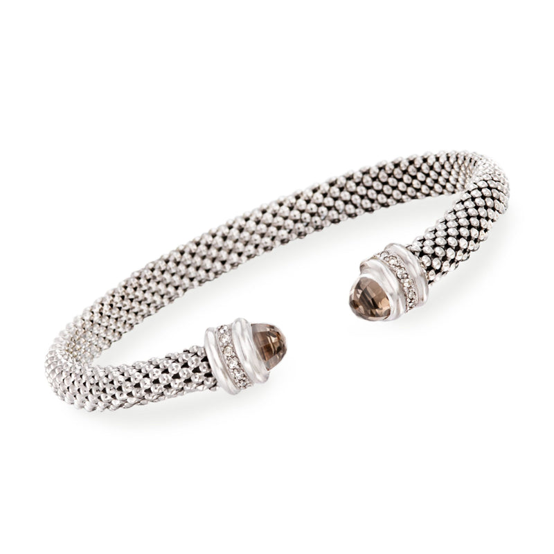 Sterling silver popcorn-style cuff bracelet with smoky quartz and diamond accents