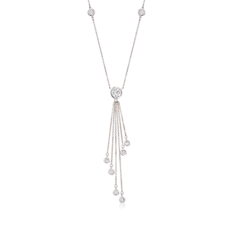 Sterling silver CZ tassel necklace with round center pendant and dangling chain drops