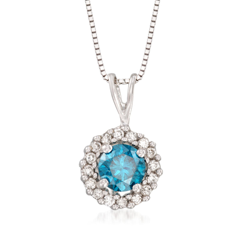 Round blue gemstone diamond halo pendant necklace in 14k white gold