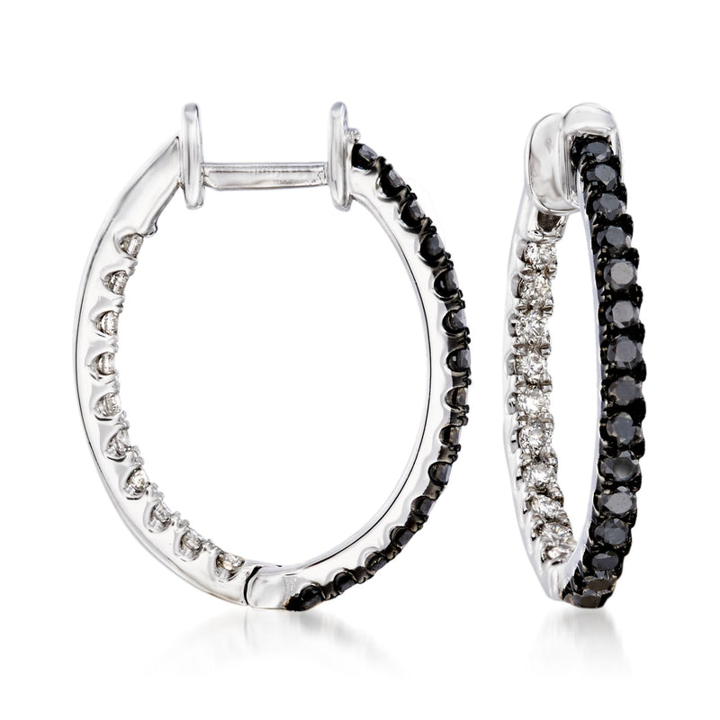 14kt white gold inside-outside diamond hoop earrings, black and white stones, hinged hoops