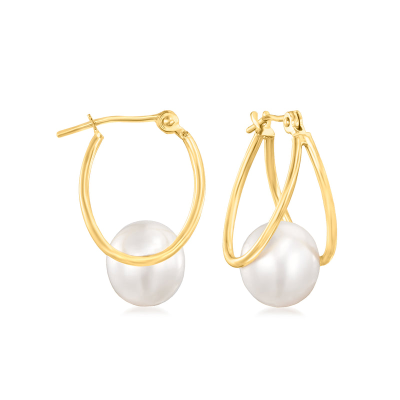 14kt yellow gold double-hoop cultured pearl earrings, 8–9mm pearl drops
