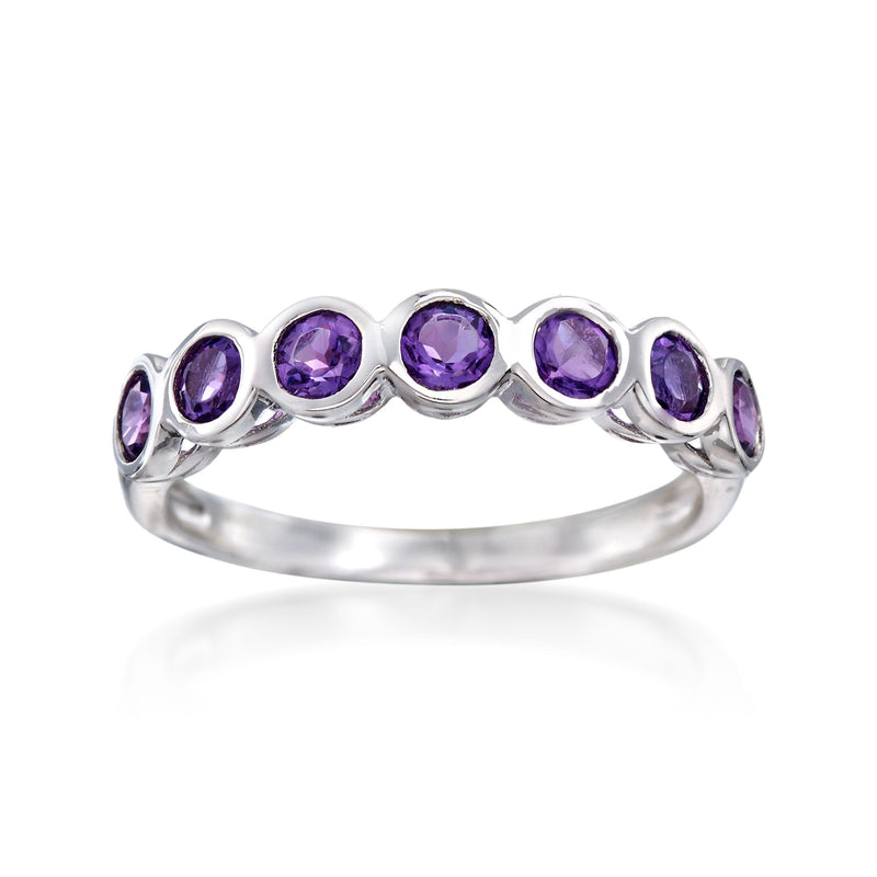 Amethyst bezel-set sterling silver ring with five purple round stones