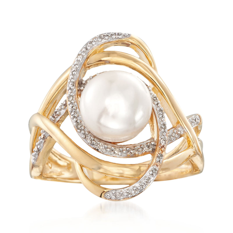 18kt gold swirl ring with large white cultured pearl and diamond accents