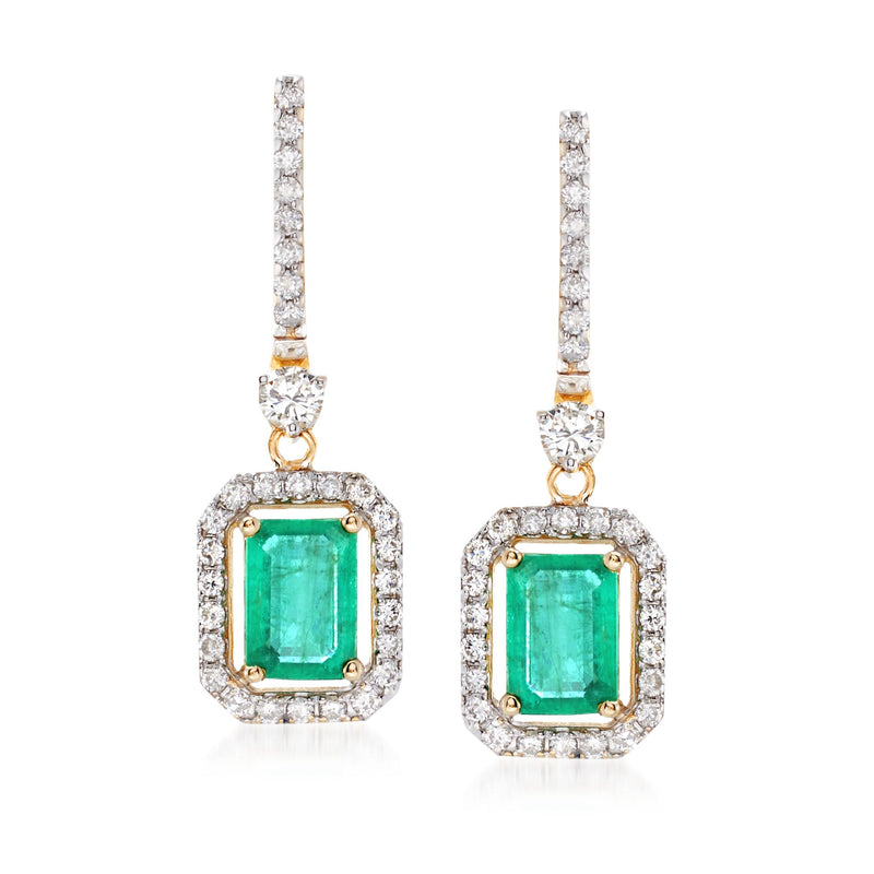 14kt yellow gold drop earrings with square green gemstone and diamond halo dangle