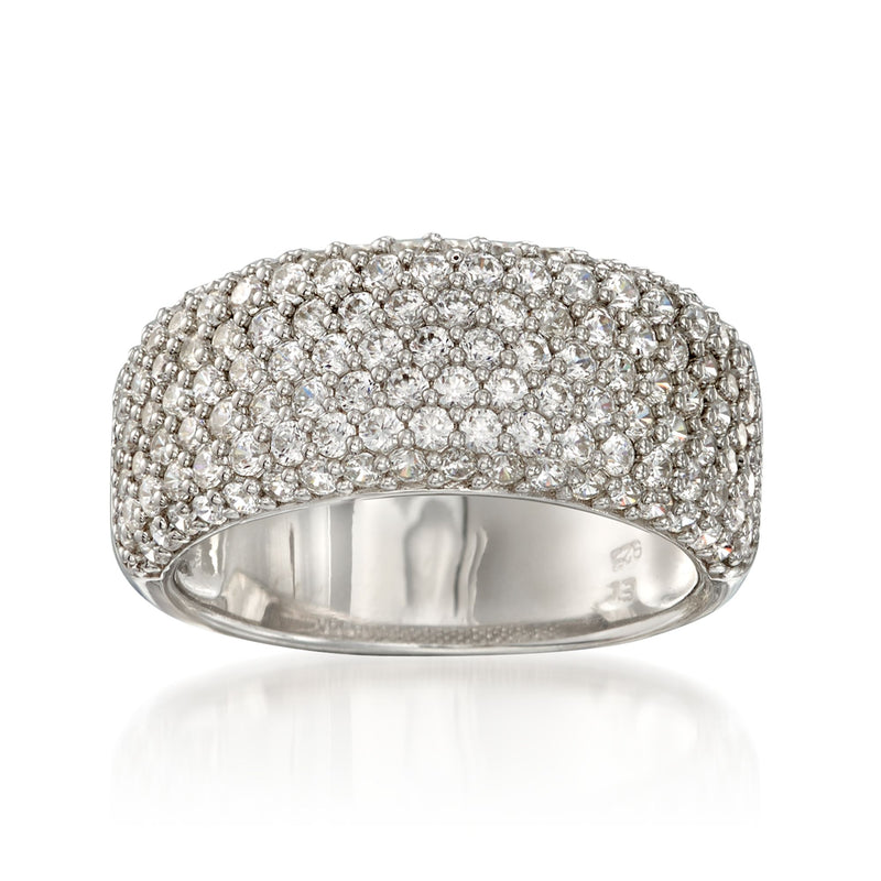 Sterling silver pave CZ ring with sparkling clear stones, rounded top and smooth inside band
