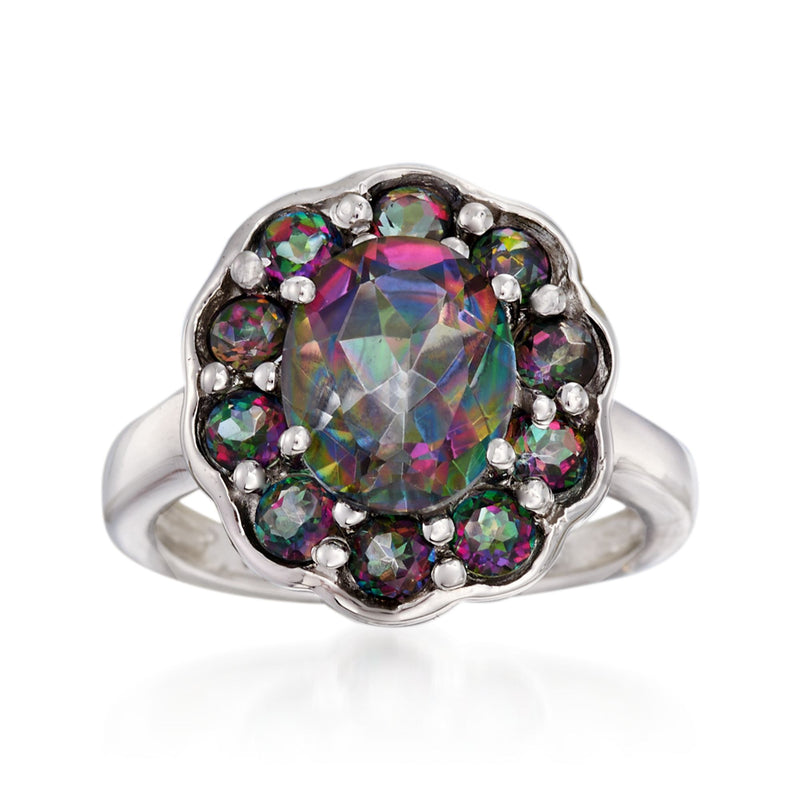 Sterling silver floral ring with multicolored topaz center stone and halo