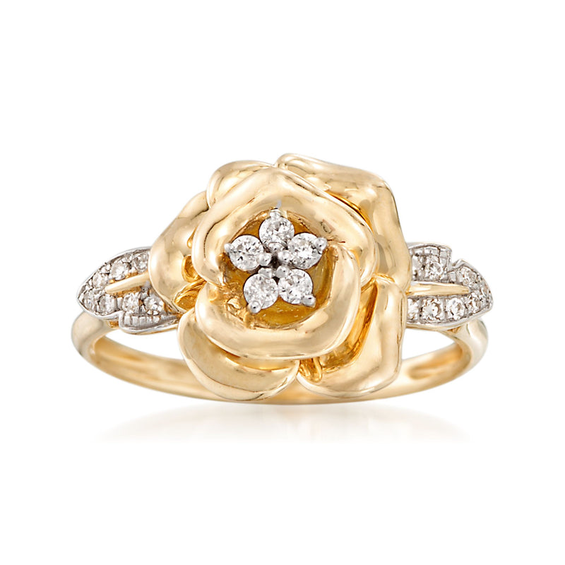 14kt yellow gold diamond flower ring with round diamond cluster and pave accents