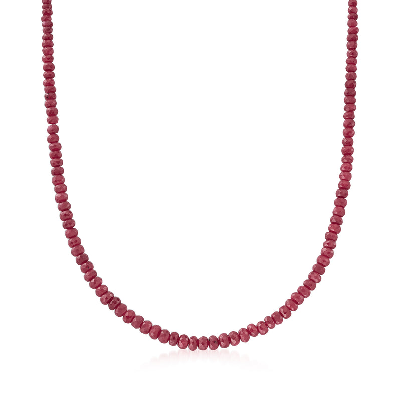 Ruby bead necklace with sterling silver accents, round faceted beads