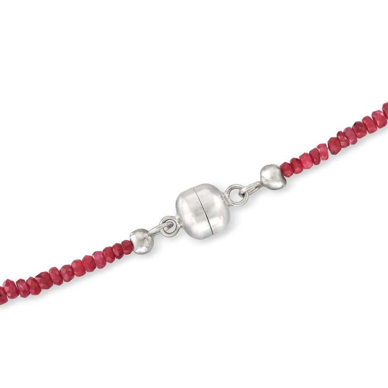 Sterling silver clasp connector on ruby bead necklace with faceted beads