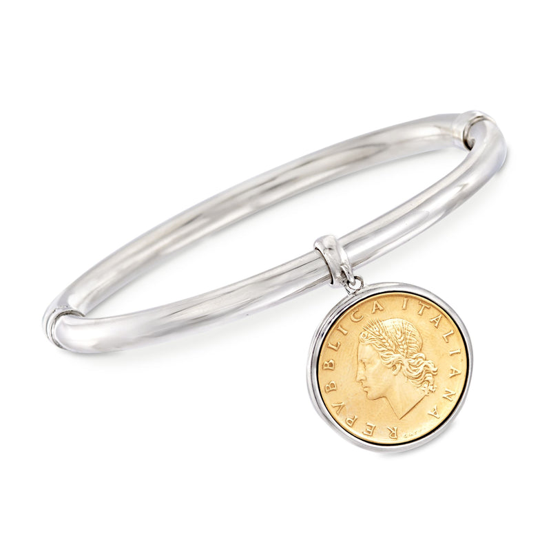 Sterling silver bangle with round gold-tone coin charm and clasp detail