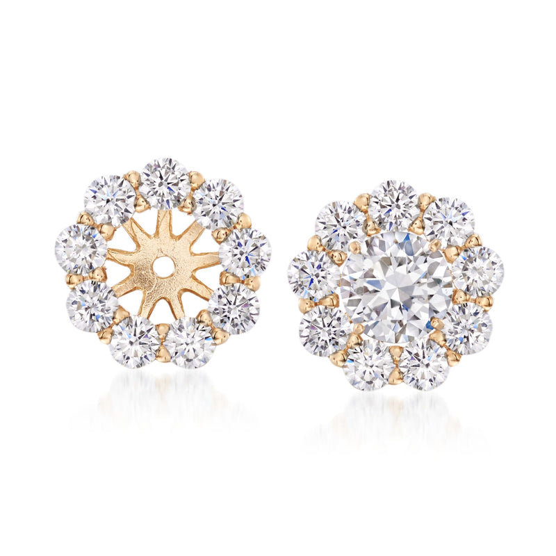 14kt yellow gold CZ earring jackets with round halo stones and starburst center