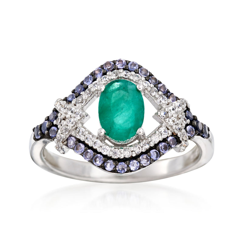 Sterling silver multi-stone ring with oval green center stone and blue purple sides