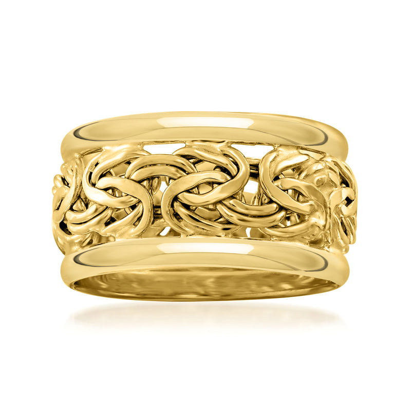 Wide 18kt yellow gold ring with Byzantine chain-style openwork pattern