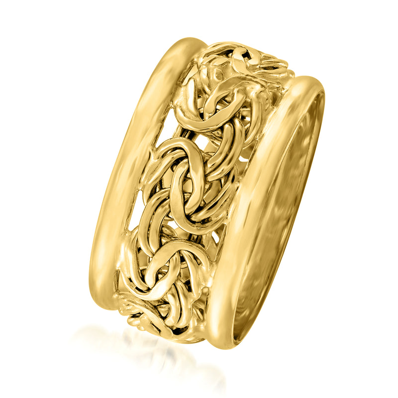 Wide yellow gold ring with raised Byzantine interlocking chain design