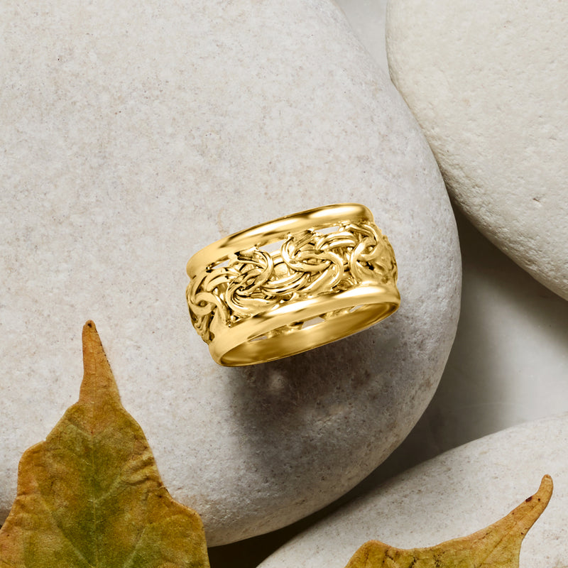 Wide yellow gold Byzantine ring, side view showing textured band