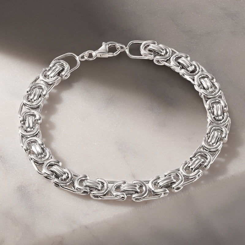 Sterling silver Byzantine box link bracelet with interlocking oval and boxy links