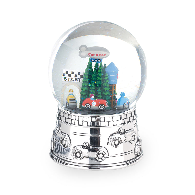 Silver plate race car water globe with clear dome and miniature racing scene inside
