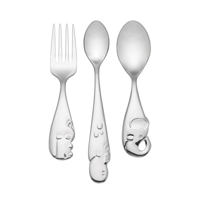 Stainless steel 3-piece mealtime set with animal face handles: fork and two spoons.