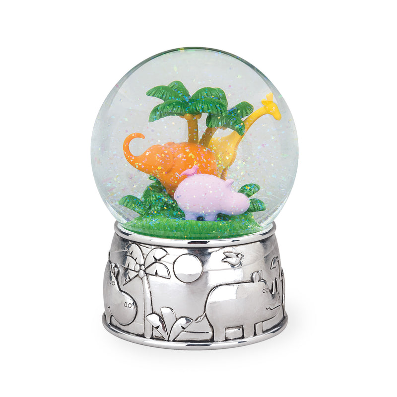 Silver jungle water globe with glass globe, engraved base, and colorful parade scene