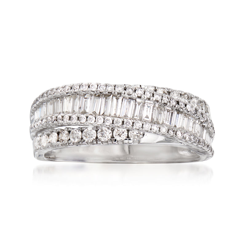 14kt white gold diamond overlapping ring with baguette and round stones