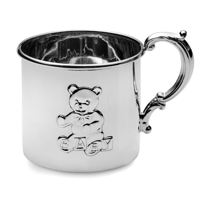 Sterling silver baby cup with teddy bear engraving and curved handle