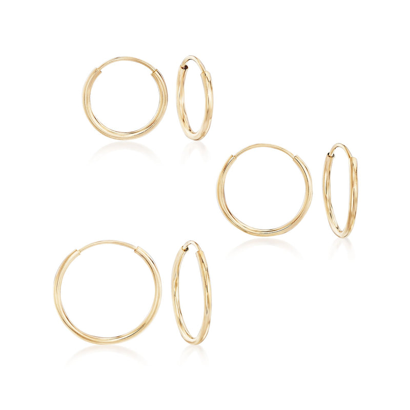 14kt yellow gold endless hoop earring set, three pairs shown in round hoops