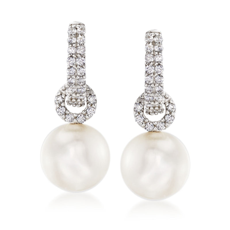 Cultured pearl drop huggie hoop earrings with CZ, in sterling silver, pair view